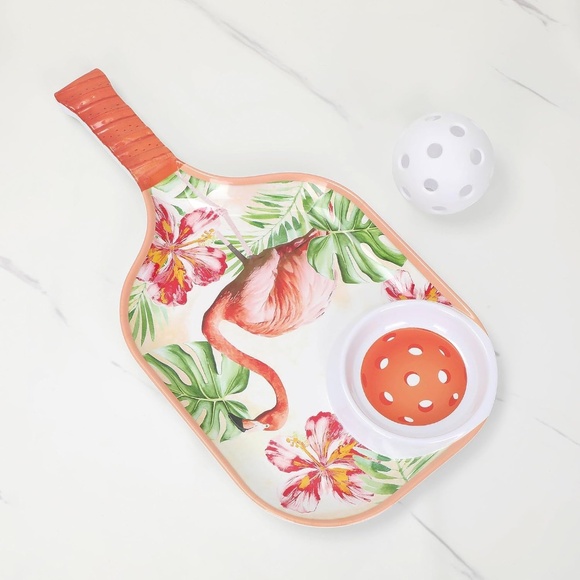 Flamingo Melamine Chip and Dip Tray, Tropical Floral Pickleball Paddle design. - Picture 4 of 9